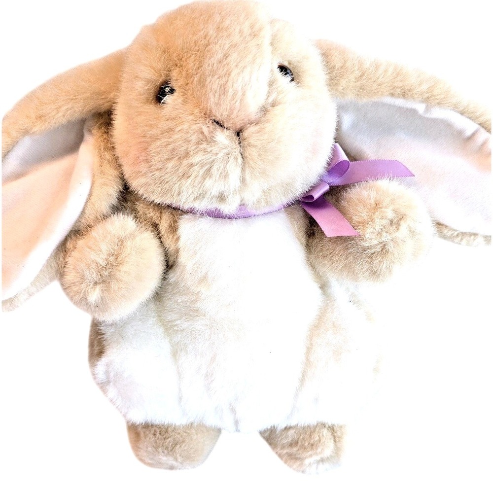 Vtg Hallmark BEAUREGARD BUNNY Tan Soft Fur 9in Rabbit Cream Tummy Purple Bow Tag